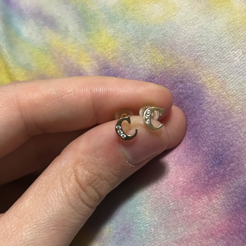 10K Yellow Gold Cubic Zirconia C Stud Earrings